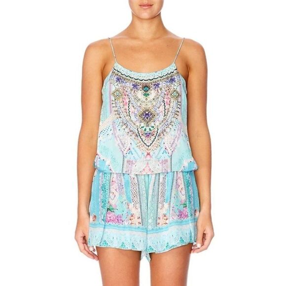 RARE! Camilla Blue Garden State Shoestring Strap Playsuit Romper XS b114 - Picture 1 of 17